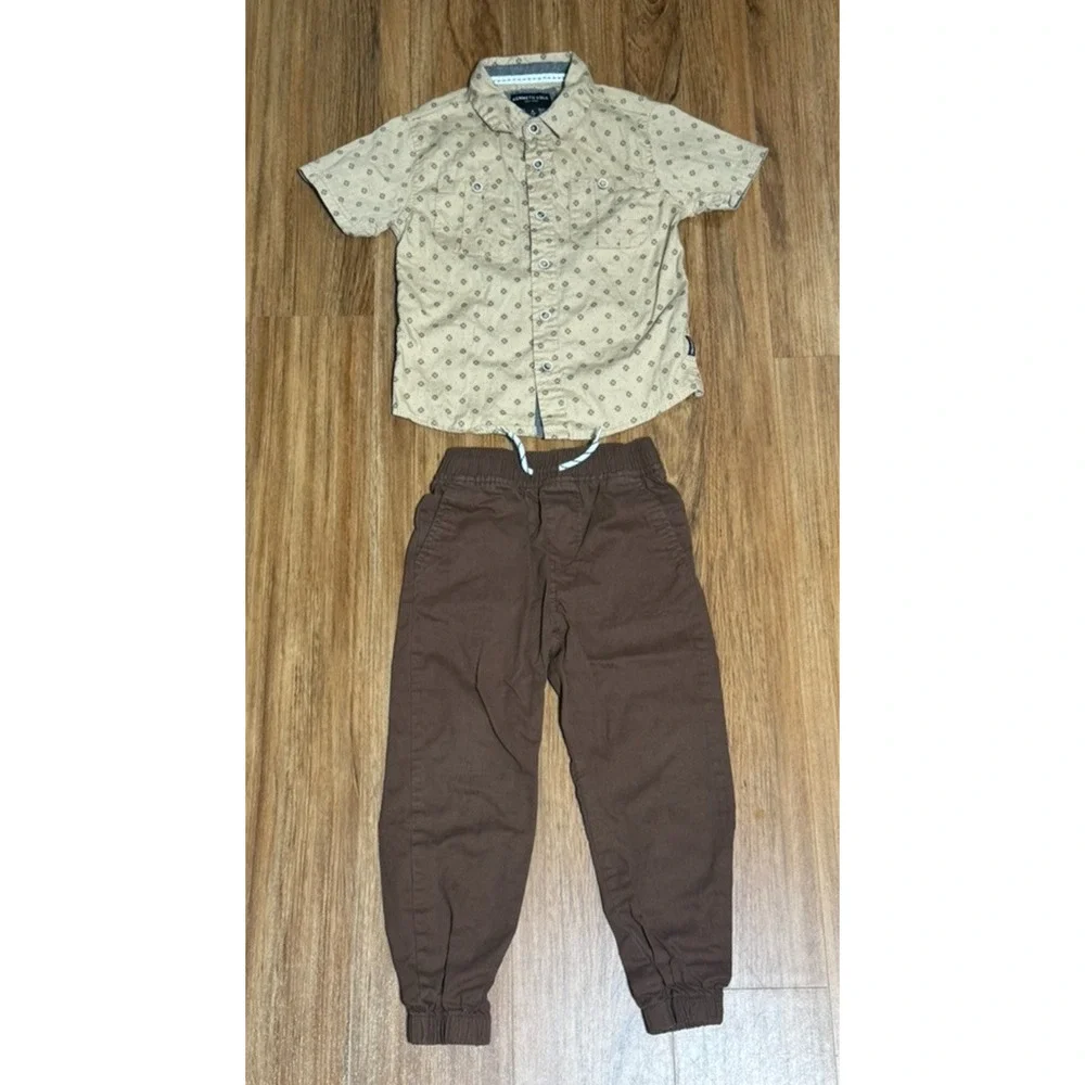 Kenneth Cole Boys Brown & Tan 2-Piece Set Shirt & Drawstring Pants - Size 4